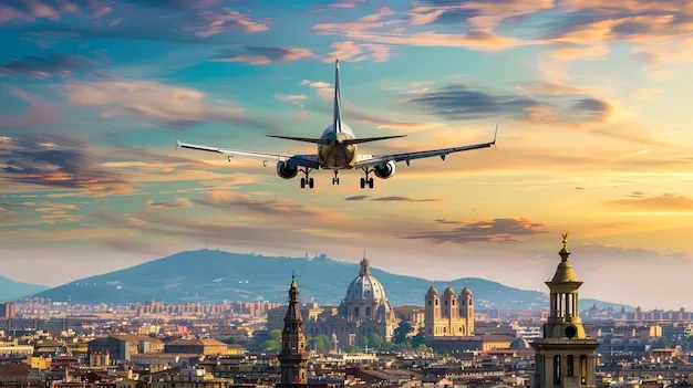 An airplane landing over a beautiful cityscape at sunset | Premium AI-generated image